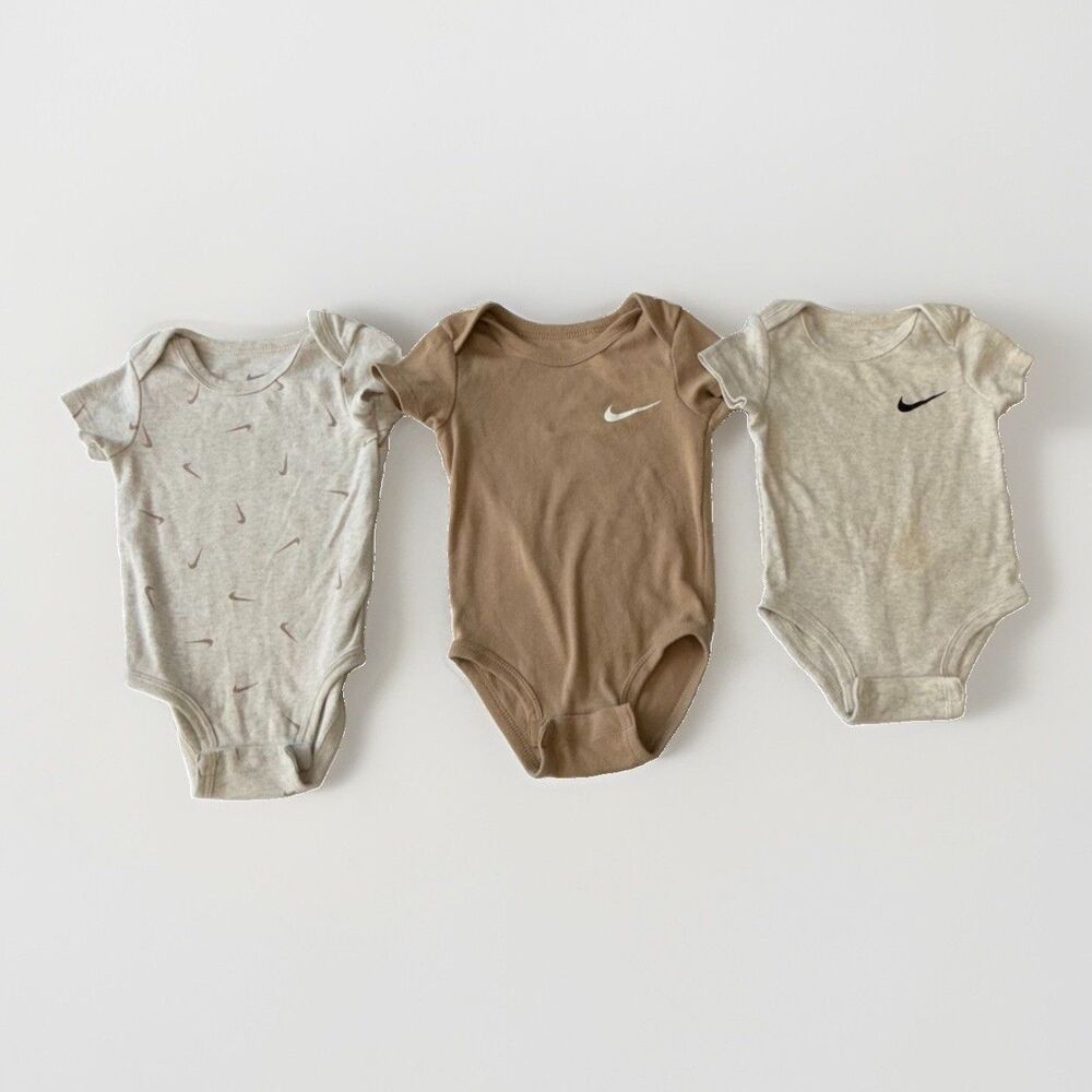 Nike Baby Bodysuit 3-Piece Set 9M Neutral Tan Cream Swoosh